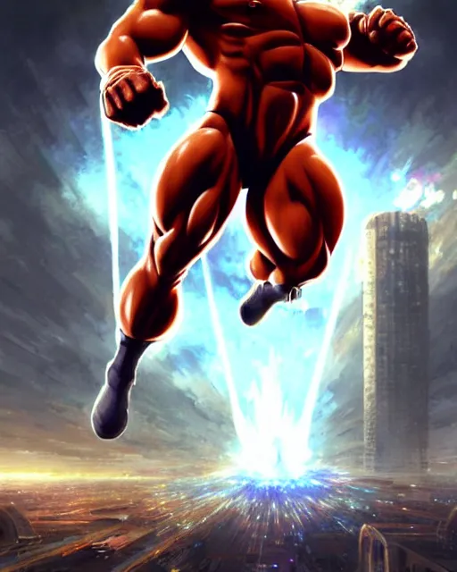 Prompt: gigachad luigi bodybuilder jumping in front of a atomic blast fighting like one punch man wearing a suit in the fight club city, fantasy character portrait, ultra realistic, anime key visual, full body concept art, intricate details, highly detailed by greg rutkowski, ilya kuvshinov, gaston bussiere, craig mullins, simon bisley