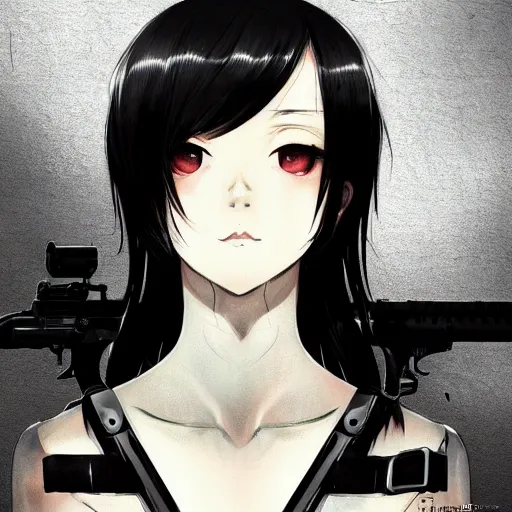 Image similar to upper body portrait of a beautiful girl with long black hair, wearing black riot gear, holding AR-15, drawn by WLOP, by Avetetsuya Studios, attractive character, colored sketch anime manga panel, trending on Artstation