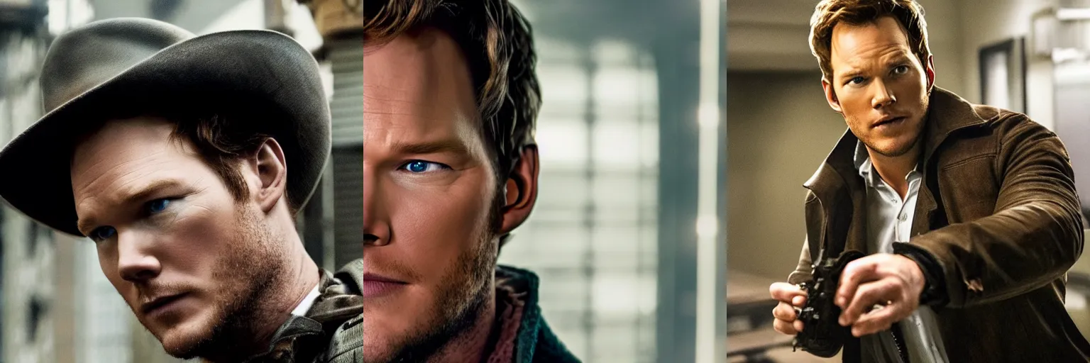 Prompt: close-up of Chris Pratt as a detective in a movie directed by Christopher Nolan, movie still frame, promotional image, imax 70 mm footage