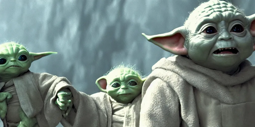 Image similar to Luke Skywalker teaches baby yoda at Jedi Temple scene from the last jedi, 2022, film by Stanley Kubrick, serene, iconic scene, stunning cinematography, hyper detailed, sharp, anamorphic lenses, kodak color film