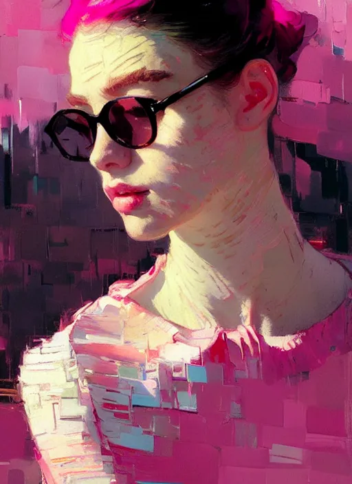 Prompt: portrait of a beautiful girl, eyes closed, shades of pink, beautiful face, rule of thirds, intricate outfit, spotlight, by greg rutkowski, by jeremy mann, by francoise nielly, by van gogh, digital painting
