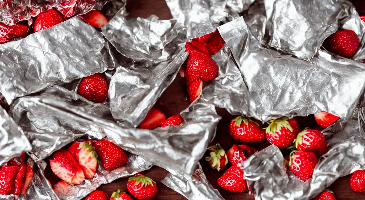 Prompt: A fancy chocolate bar in a silver wrapper, with one piece broken off, on a wooden tray, next to a pile of sliced strawberries, macro lens product photo