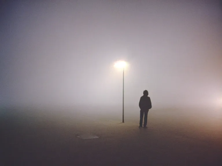 Image similar to fujifilm fujicolour 2 0 0 film photograph of a vagrant at night volumetric fog