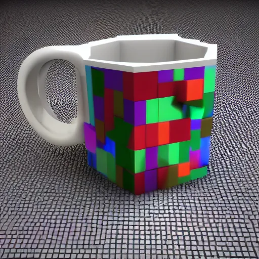 Prompt: a photo realistic mug shattering into voxel cubes.