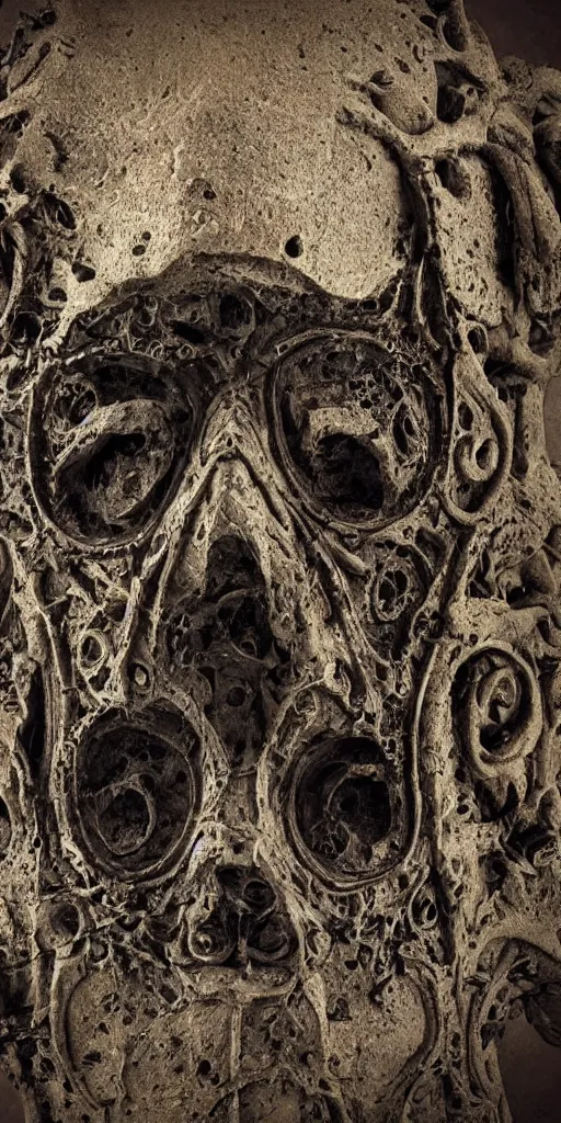 Image similar to extra wide view. an ominous dark ancient mask. barron. worn out photography. sepia. cracks. hyper - detailed. gothic steampunk. low poly medieval baroque. symmetric. epic. hyper - realistic. unreal render.
