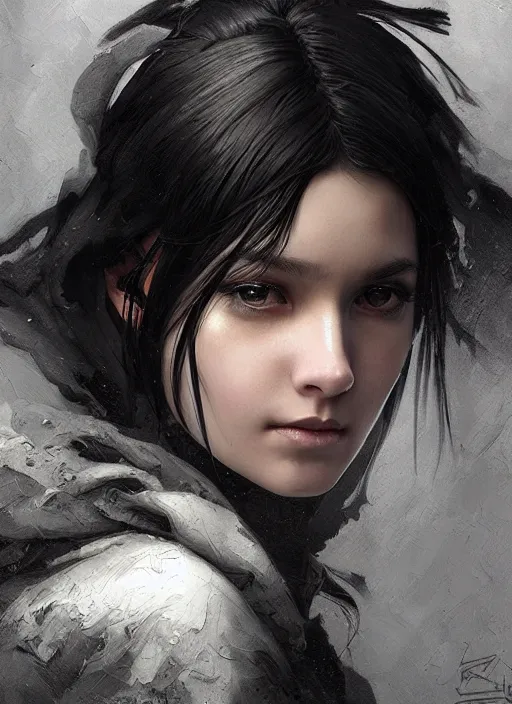 Image similar to a teenage girl with very short black hair and a huge cloak made of grey and black strips. mist swirls around her. beautiful highly detailed face. beautiful painting by artgerm and greg rutkowski and raymond swanland