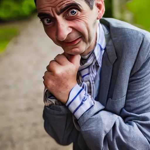 Image similar to A portrait mr bean elizabeth teams up with a teenage mr bean, perfect faces, 50 mm, award winning photography