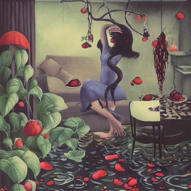 Image similar to tall female catgirl artist holding berry pancakes in her flooded apartment, pomegranates, octopus, water gushing from ceiling, painting of flood waters inside an artist's apartment, a river flooding indoors, mushrooms, ikebana, zen, rapids, waterfall, black swans, canoe, berries, acrylic on canvas, surrealist, by magritte and monet