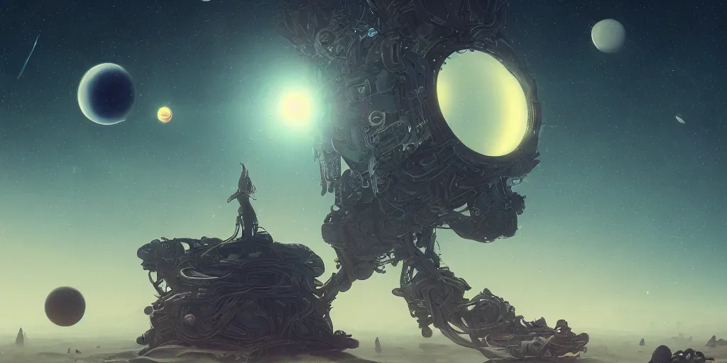 Image similar to planet with many moons in the sky, fantasy, intricate abstract. delicate artwork. by tooth wu, wlop, beeple, dan mumford. octane render, trending on artstation, greg rutkowski very coherent symmetrical artwork. cinematic, hyper realism, high detail, octane render, 8 k, depth of field, bokeh. chrome accents.