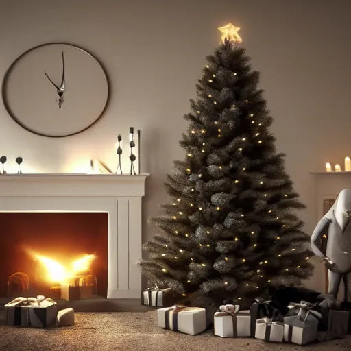 Image similar to slender man creeping at night, dark image, horror, Christmas tree with lights, fireplace in background, inside living room. Dark spect, 4k realistic