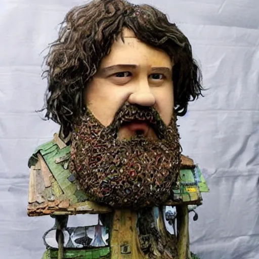 Image similar to A sculpture made of recycled materials but with perfect definition, in the shape of Hagrid de Harry Potter