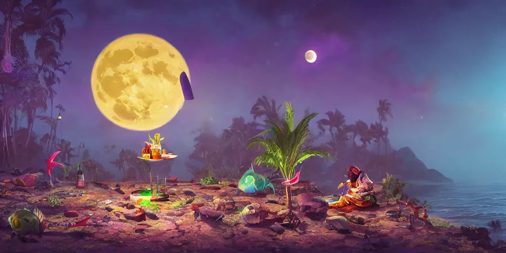 Image similar to fish enjoying a margarita during full moon with his worst enemies, colorful, contrast, 3 d scene, greg rutkowski, zabrocki, karlkka, jayison devadas, trending on artstation, 8 k, ultra wide angle, zenith view, pincushion lens effect