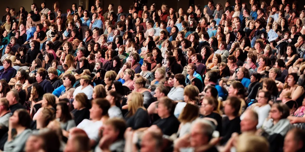 Prompt: a long shot of a seated audience with crying faces, screaming, howling, tears, yelling, shouting, telephoto lens