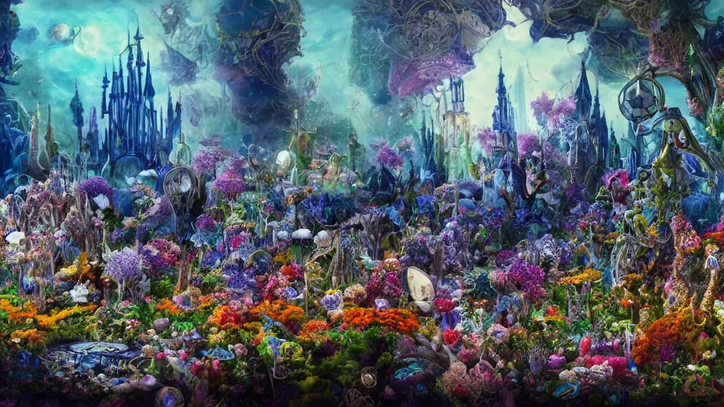 Image similar to a centered render of intricate modular synthesizer of alice in wonderland, shining its light across a tumultuous sea of flowers, undersea animals and gothic crystal church by dorothea tanning and salvador dali, trending on artstation, cyber punk, soft light color, unreal engine, high detailed, 8 k