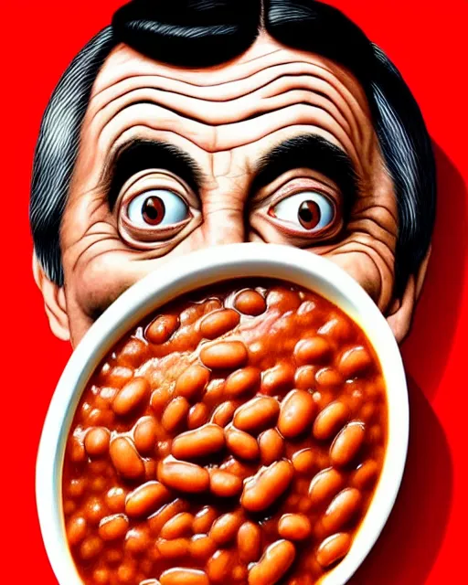 Image similar to portrait of mr bean smiling in a bowl full of baked beans, face fully covered in beans and tomato sauce, soft red skin, baked beans for eyes, rowan atkinson, mr bean face, oil painting, highly detailed