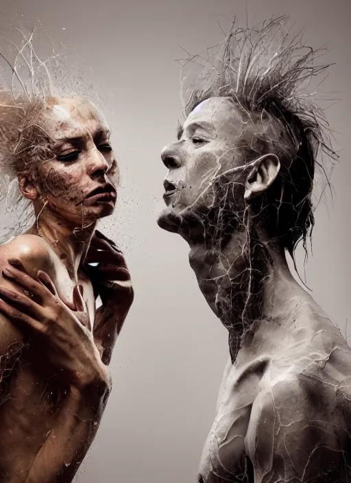 Prompt: expressive face potrait photo of a clothed male and female butoh dancers, glamour shot, by jenny saville, by stefan gesell, photorealistic, canon r 3, fashion photography, hyper maximalist, elegant, ornate, luxury, elite, environmental portrait, symmetrical features, octane render, unreal engine, solid dark grey background, dramatic lights