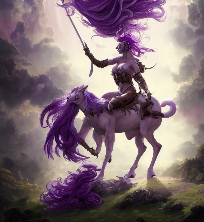 Image similar to a majestic female centaur with white wings and with a horn on the forehead and purple hair and elf ears, backlit, strong rim light, highly detailed, digital painting, by Alvaro Castagnet + Peter Mohrbacher + Dan Mumford + vivid colors + high contrast, 8k resolution, intricate, photorealistic, smooth