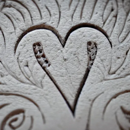 Image similar to intricate logo with heart carved into ivory, c anon 5 d 5 0 mm lens