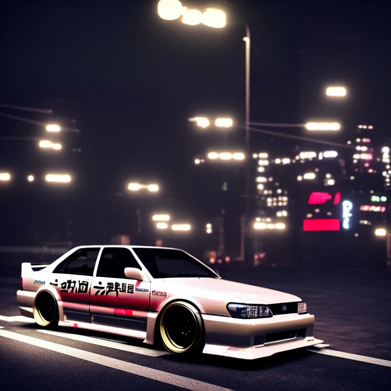 Image similar to Toyota JZX100 Drift, detailed-wheels, Shibuya prefecture, cinematic lighting, photorealistic, night photography, octane render