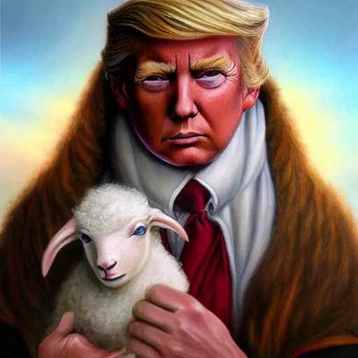 Prompt: a detailed fantasy character painting of Donald Trump holding a lamb, dressed like Jesus Christ, by lauri blank, artgerm, evelyn de morgan, 8K, 50mm lens