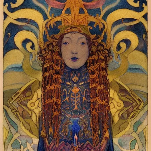 Image similar to the lantern crown, by Annie Swynnerton and Nicholas Roerich and (Edmund Dulac), embroidered brocade, tattoos, elaborate costume, geometric ornament, symbolist, rich colors, dramatic lighting, smooth, sharp focus, extremely detailed