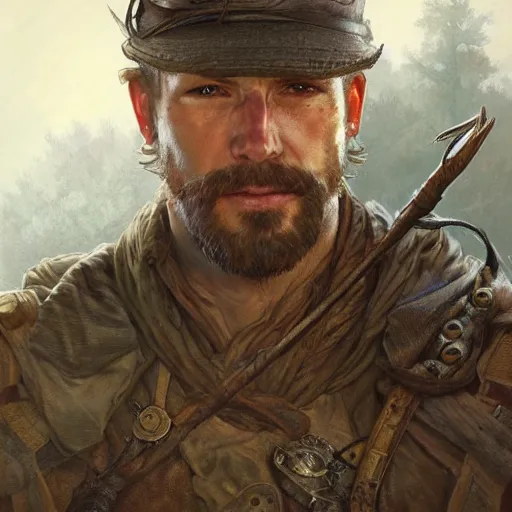 Prompt: portrait of a rugged male ranger, D&D, fantasy, intricate, muscular, highly detailed, digital painting, artstation, concept art, smooth, sharp focus, illustration, art by artgerm and greg rutkowski and alphonse mucha