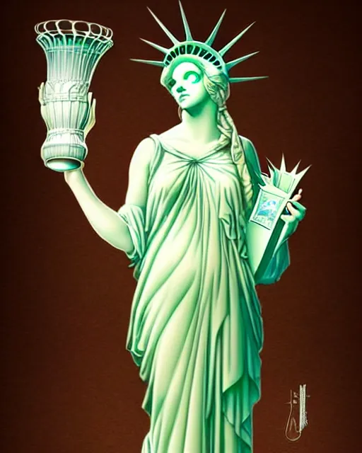 Image similar to Beautiful and playful lady liberty portrait, art nouveau, fantasy, holding a vase by Rene Lalique , elegant, highly detailed, sharp focus, art by Artgerm and Greg Rutkowski and WLOP