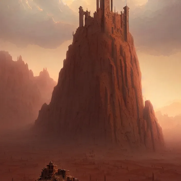 Prompt: matte painting by marc simonetti, jonathan solter, greg rutkowski of a single tower in the desert, masterpiece, cinematic, hyperdetailed, photorealistic, hyperrealism, architecture, aerial view,