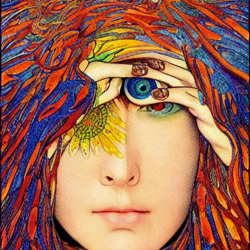 Image similar to A beautiful body art a large eye that is looking directly at the viewer. The eye is composed of a myriad of colors and patterns, and it is surrounded by smaller eyes. The smaller eyes appear to be in a state of hypnosis, and they are looking in different directions. Still Life by Carlos Schwabe lines