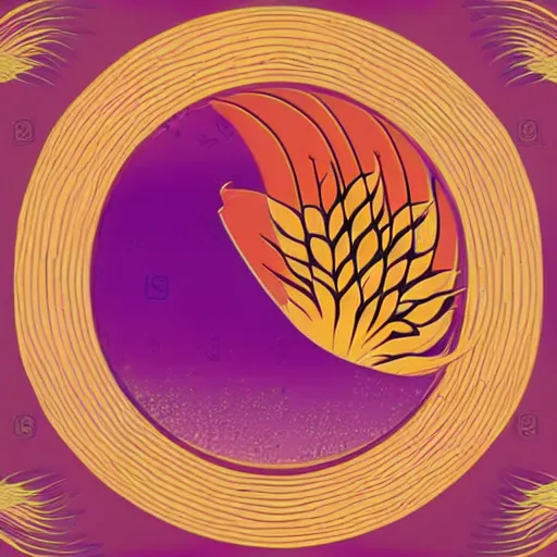Prompt: phoenix salt bird round composition rebirth orange purple symbolism swirl tail feather graphic design Egyptian style simple design