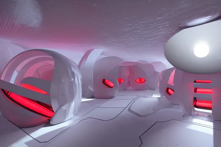 Prompt: interior of cryogenic pods room inisde an alien spaceship, red light on pods, volumetric lighting, atmospheric