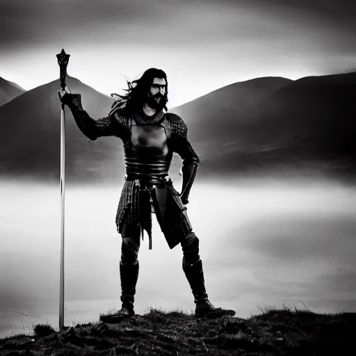 Image similar to a long shot, high quality dslr photo of a tall and muscular man with long black hair in authentic 1 4 th - century armor standing holding a claymore sword. tough and stoic looking. dramatic and cinematic lighting. golden hour. foggy and atmospheric. ben nevis the scottish mountain is in the background. epic and heroic tone. editorial award winning photograph.