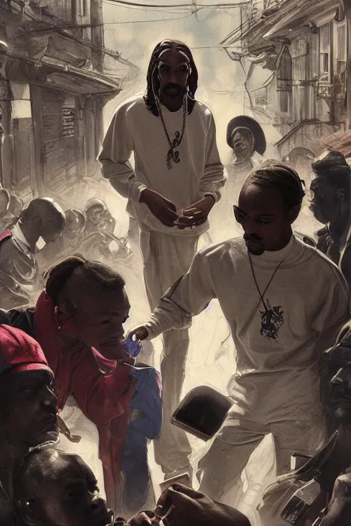 Image similar to male cottagecore snoop dogg, Calvin Cordozar Broadus Jr., police raid in the ghetto, peopl getting arrested, intricate, swagger, highly detailed, digital painting, artstation, concept art, smooth, sharp, focus, illustration, art by artgerm and greg rutkowski and alphonse mucha