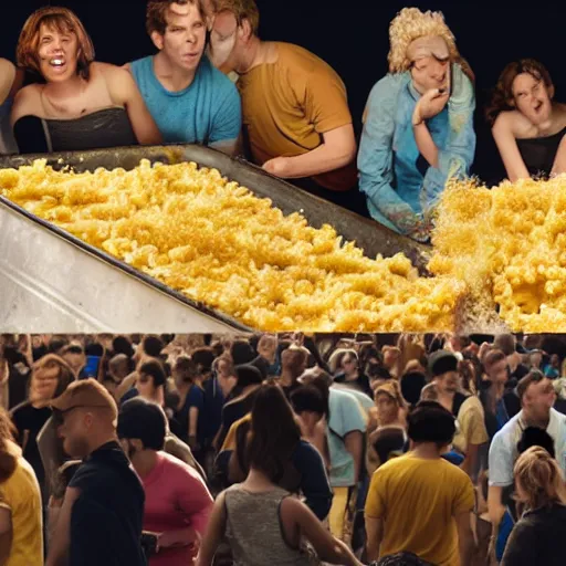 Image similar to a gathering of people trying to escape a dystopian city by climbing over a huge wall of mac n' cheese. still frame from a sci-fi movie.