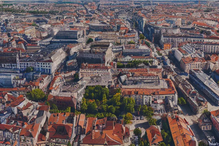 Image similar to drone view of an old european city, hyperrealism painting, wide angle, very detailed, high resolution