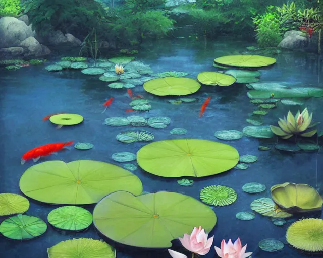 Prompt: koi pond, lotus flowers, dark blue water, green lily pads, goldfish, a fantasy digital painting by makoto shinkai and James Gurney, trending on artstation,