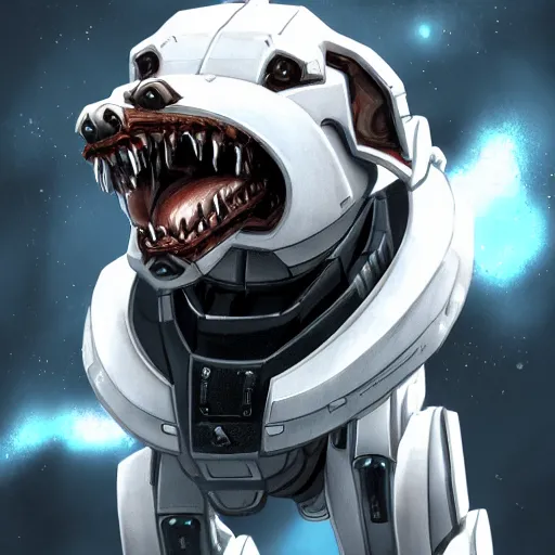 Prompt: cinematic shot, vorestation borg hound, medical mecha canine, taller than man, sharp armor, detailed maw, mawshot, visor eyes, detailed, furry art, digital art, furaffinity, deviantart, sofurry