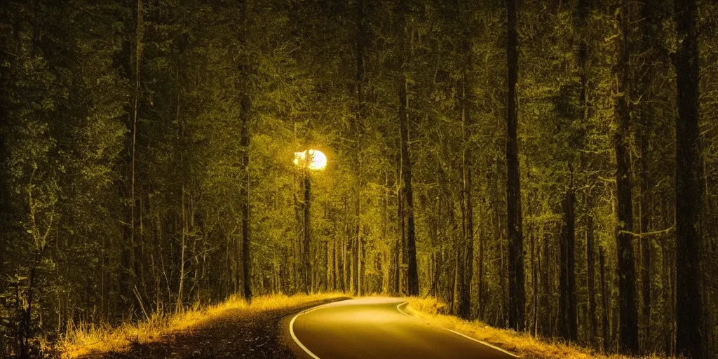 Image similar to night, road between tall trees, dense forest, dark night, moon