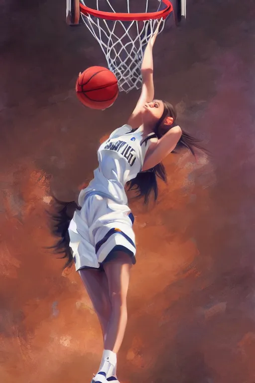 Image similar to A ultradetailed beautiful panting of a stylish girl dunking a basketball, Oil painting, by Ilya Kuvshinov, Greg Rutkowski and Makoto Shinkai