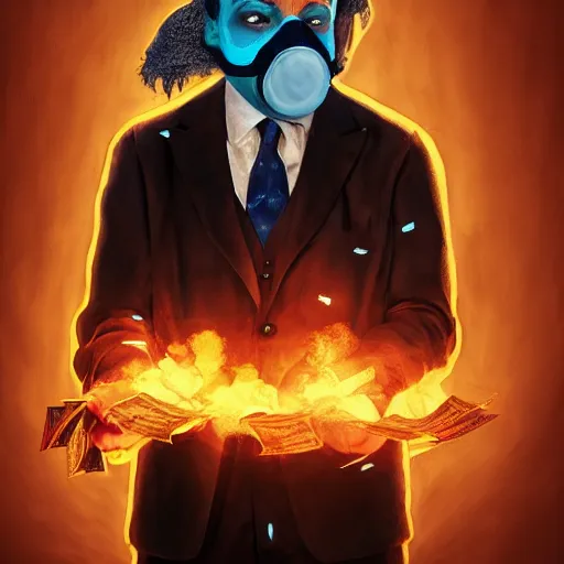 Image similar to epic portrait a clown masked man in a suit burning stack of cash, glowing, steam digital painting, artstation, concept art, soft light, hdri, smooth, sharp focus, illustration, fantasy, intricate, elegant, highly detailed, D&D, matte painting, in the style of Greg Rutkowski and Alphonse Mucha and artemisia, 8k, highly detailed, jurgens, rutkowski, bouguereau, pastoral, rustic, georgic