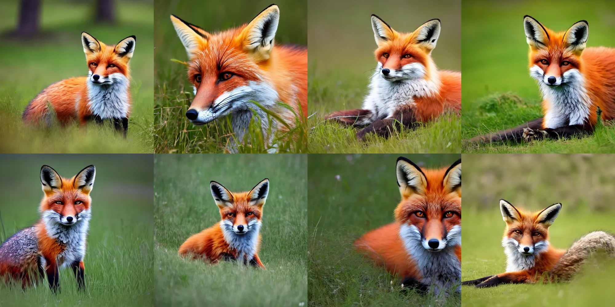 Prompt: A photograph of a fox sitting in the grass, 4k