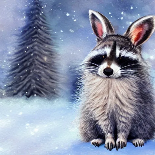 Prompt: cute fluffy hybrid animal cross between raccoon and lop eared bunny rabbit sitting in snowy winter landscape detailed painting 4 k