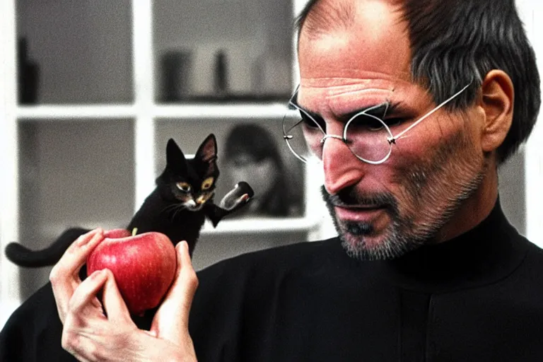 Image similar to steve jobs eating apple while there is a cat behind him