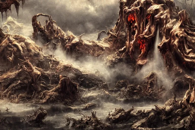 Prompt: A demonic cesspool of pure evil, hell, matte oil painting, highly detailed, astonishing detail