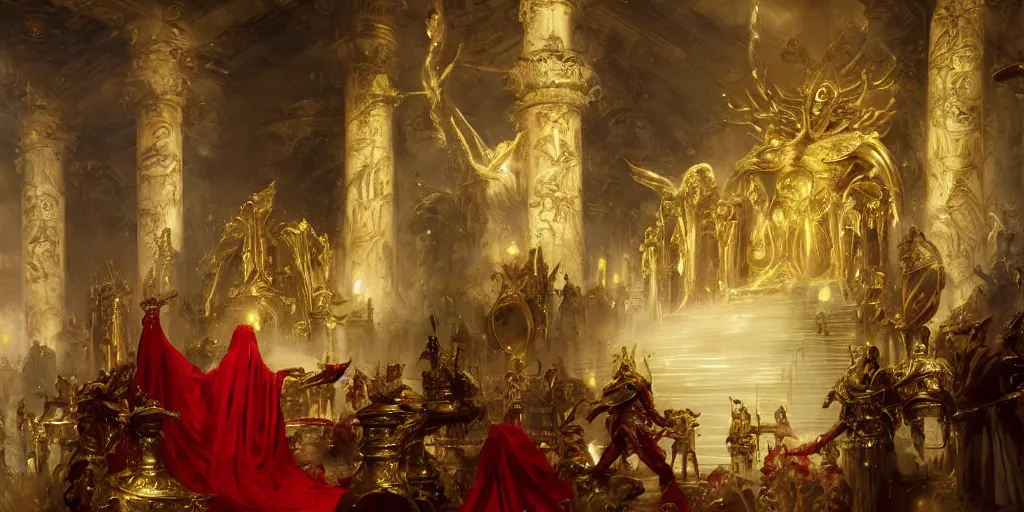 Prompt: beautiful oil painting, high details, alien in royal crimson robes enthroned as the alien god emperor of ancient civilization surrounded by servants in gilded halls a golden wreath upon his head, by anders zorn, wonderful masterpiece by greg rutkowski, beautiful cinematic light, american romanticism, by thomas lawrence, greg rutkowski