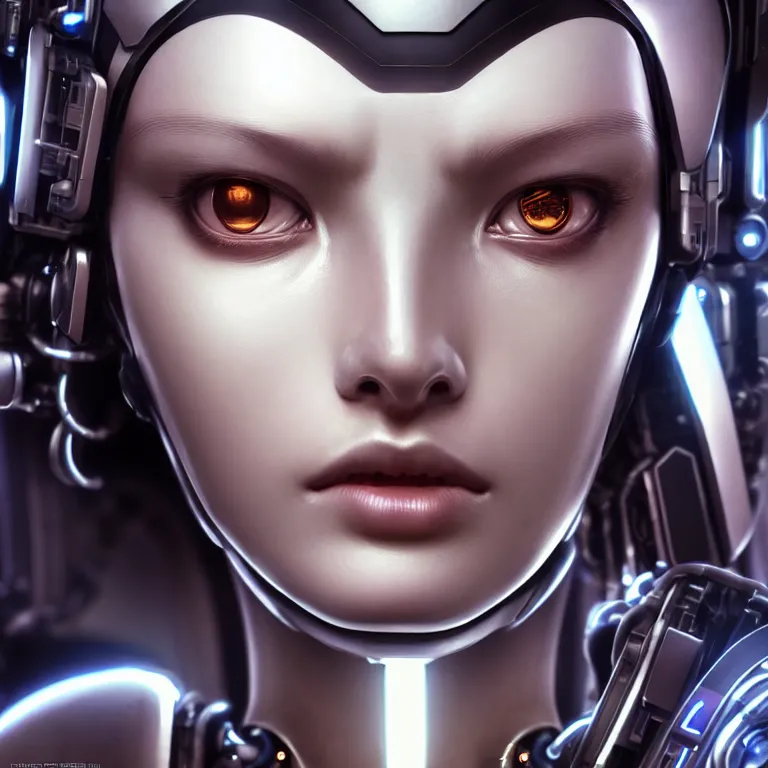 Image similar to ultra detailed, Mechanical Cyberpunk Female Android, looking into the camera!!, intricate, elegant, super highly detailed, professional digital painting, artstation, concept art, smooth, sharp focus, no blur, no dof, extreme illustration, Unreal Engine 5, Photorealism, 8k, cinematic, art by artgerm and greg rutkowski and alphonse mucha and loish and WLOP