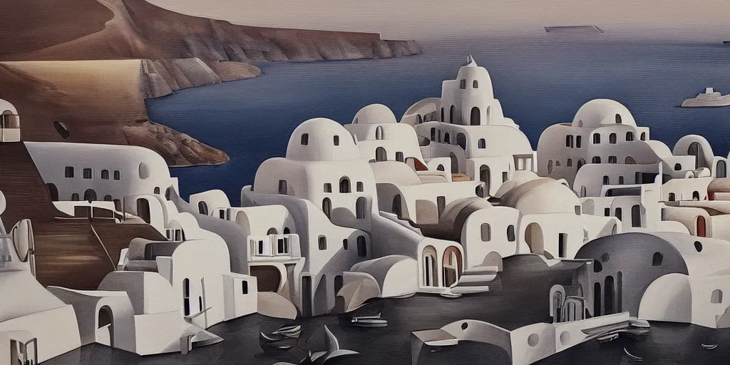 Image similar to a painting of abstract buildings like santorini by zaha hadid and yves tanguy