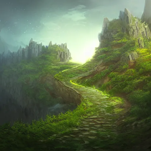 Image similar to a long winding pathway with deep cliffs on both sides, with a mysterious dark castle at the of the path, digital art, 8 k, concept art, trending on artstation