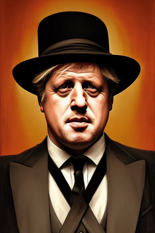 Image similar to Boris Johnson as Vito Corleone, realistic portrait, symmetrical, highly detailed, digital painting, artstation, concept art, smooth, sharp focus, illustration, cinematic lighting, art by artgerm and greg rutkowski and alphonse mucha