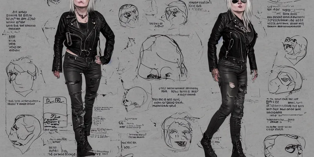 Prompt: debbie harry wanderer with tattooed arms and legs wearing a scratched leather and ripped aviator leather jeans, wearing a short black jacket with rusty medals on it, character sheet, head details, props, concept design, contrast, kim jung gi, greg rutkowski, trending on artstation, 8 k, full body, turnaround, ultra wide angle, pincushion lens effect